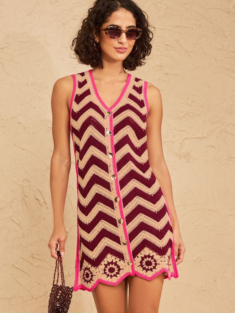 Love & Roses Beige/Burgundy Crochet Zig Zag Striped V-Neck Knitted Mini Dress - Image 1 of 4