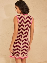 Love & Roses Beige/Burgundy Crochet Zig Zag Striped V-Neck Knitted Mini Dress - Image 4 of 4