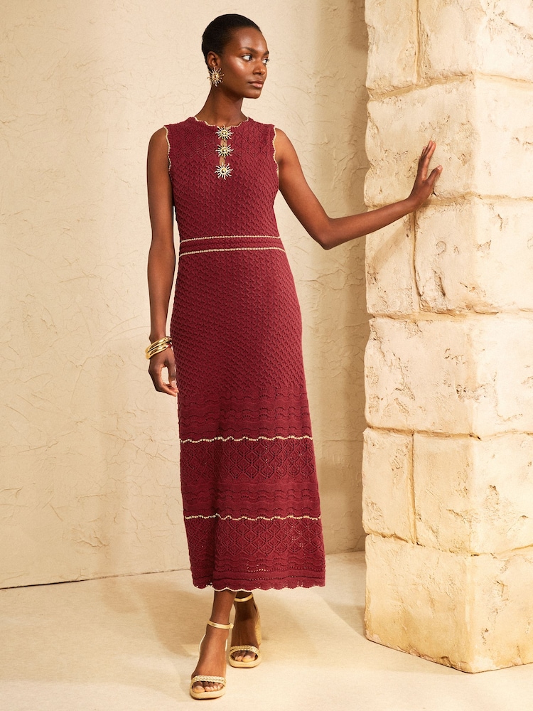 Love & Roses Rust Brown Crochet Knitted Dress with Gold Sun Button Detail Dress - Image 1 of 4