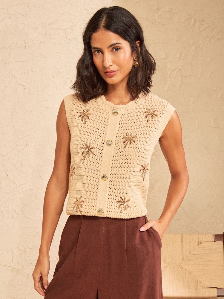 Love & Roses Ivory Palm Tree Detail Crochet Knitted Vest - Image 1 of 4