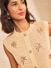 Love & Roses Ivory Palm Tree Detail Crochet Knitted Vest - Image 2 of 4