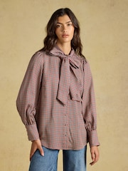 Joules Tabby Brown Check Tie Neck Blouse - Image 1 of 7