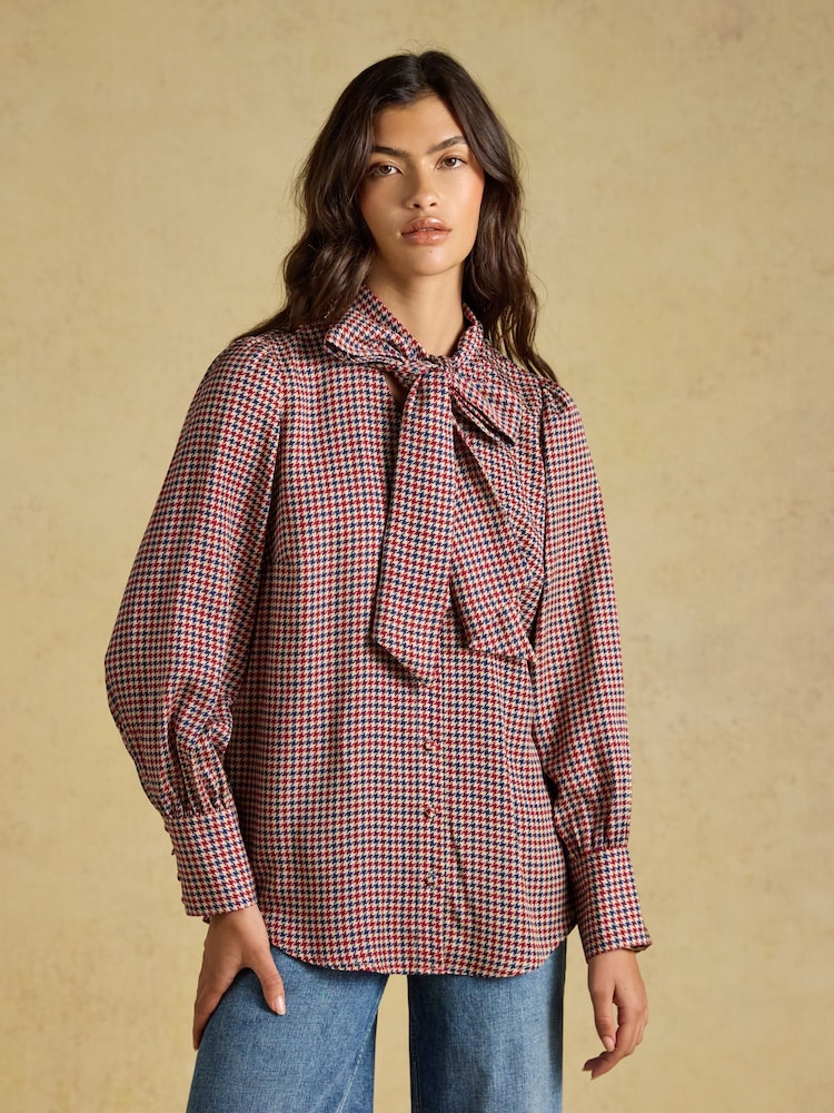 Joules Tabby Brown Check Tie Neck Blouse - Image 1 of 7 Joules Tabby Brown Check Tie Neck Blouse - Image 1 of 7
