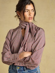 Joules Tabby Brown Check Tie Neck Blouse - Image 3 of 7