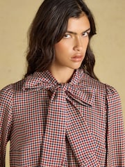 Joules Tabby Brown Check Tie Neck Blouse - Image 5 of 7