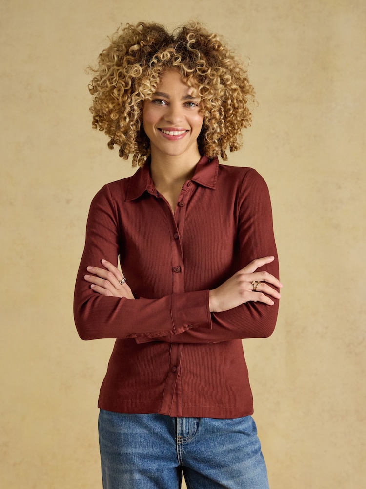 Joules Rust Brown Cotton Rich Long Sleeve Ribbed Jersey Shirt - Image 1 of 9