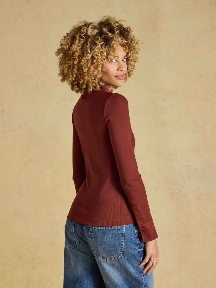 Joules Rust Brown Cotton Rich Long Sleeve Ribbed Jersey Shirt - Image 2 of 9
