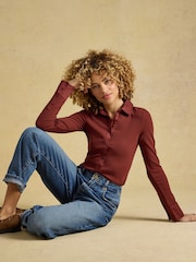 Joules Rust Brown Cotton Rich Long Sleeve Ribbed Jersey Shirt - Image 3 of 9