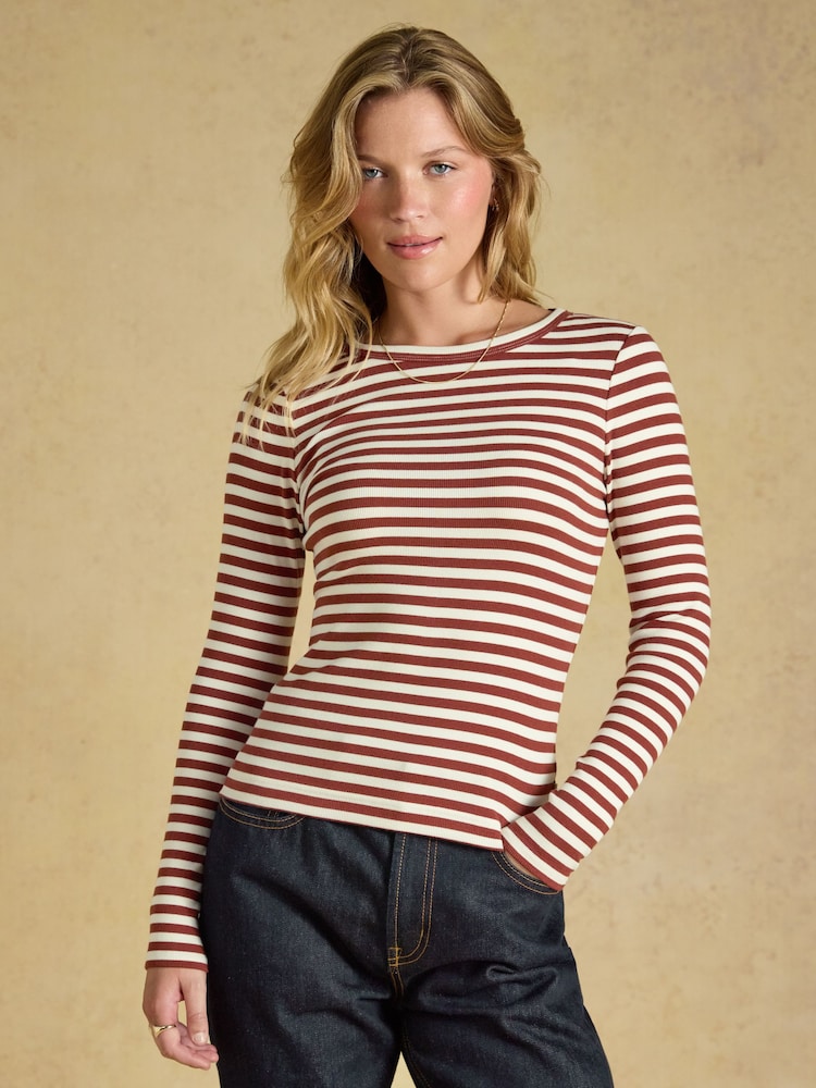 Russet Striped - Joules Sophie Ribbed Fitted T-Shirt - Image 1 of 6