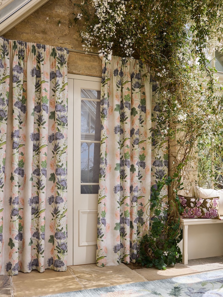 Natural Kew Collection Floral Touch of Linen Pencil Pleat Lined Curtains - Image 2 of 6