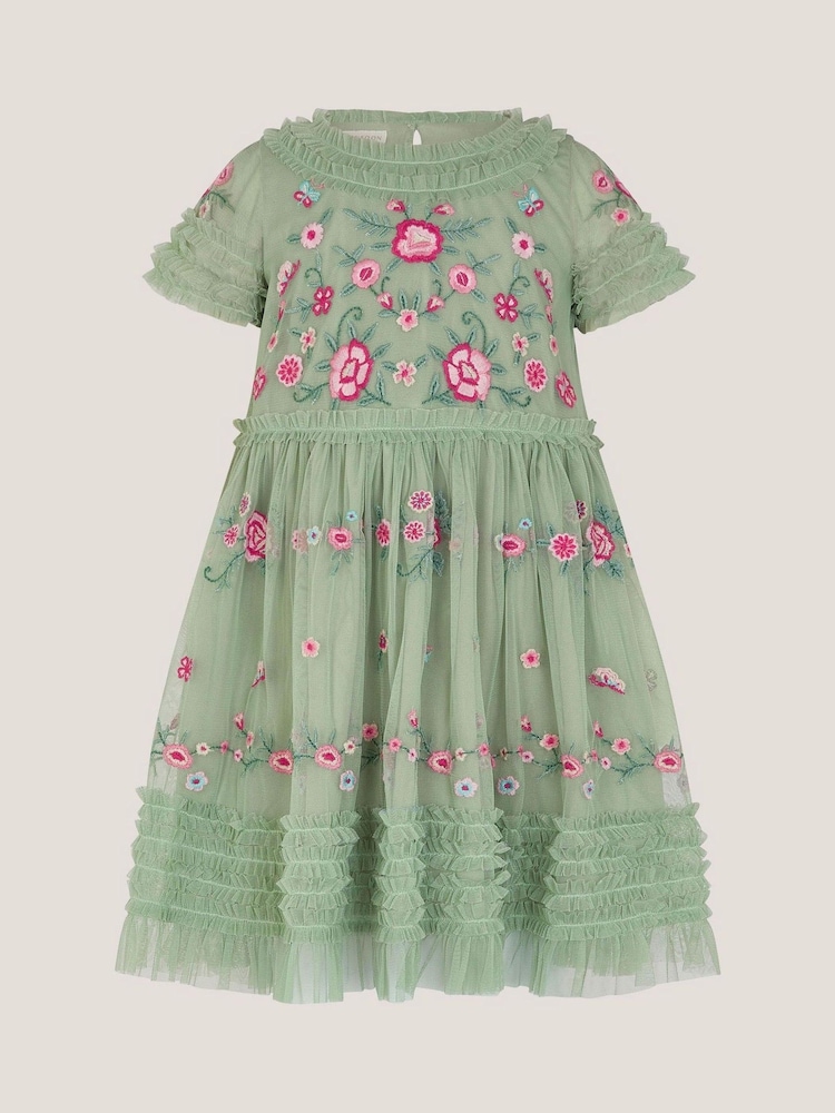 Monsoon Green Floral Embroidered Ruffle Tulle Dress - Image 2 of 4 Monsoon Green Floral Embroidered Ruffle Tulle Dress - Image 2 of 4