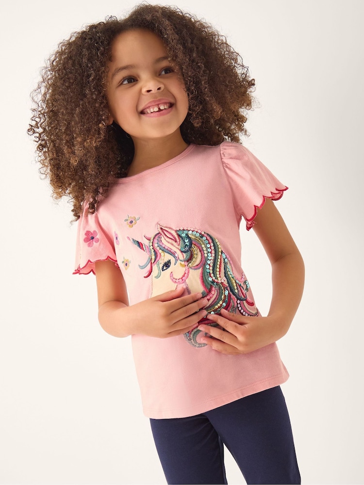 Monsoon Pink Embroidered Sequin Unicorn T-Shirt - Image 1 of 1 Monsoon Pink Embroidered Sequin Unicorn T-Shirt - Image 1 of 1