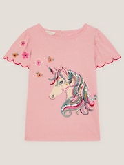 Monsoon Pink Embroidered Sequin Unicorn T-Shirt - Image 2 of 4