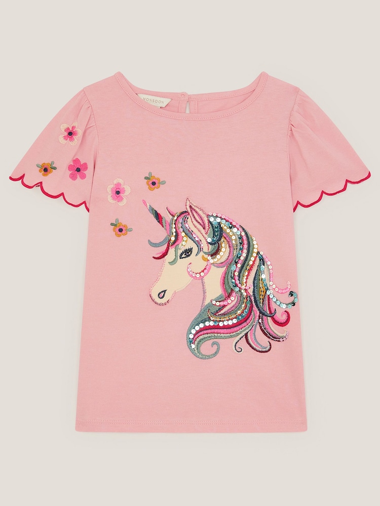 Monsoon Pink Embroidered Sequin Unicorn T-Shirt - Image 2 of 4