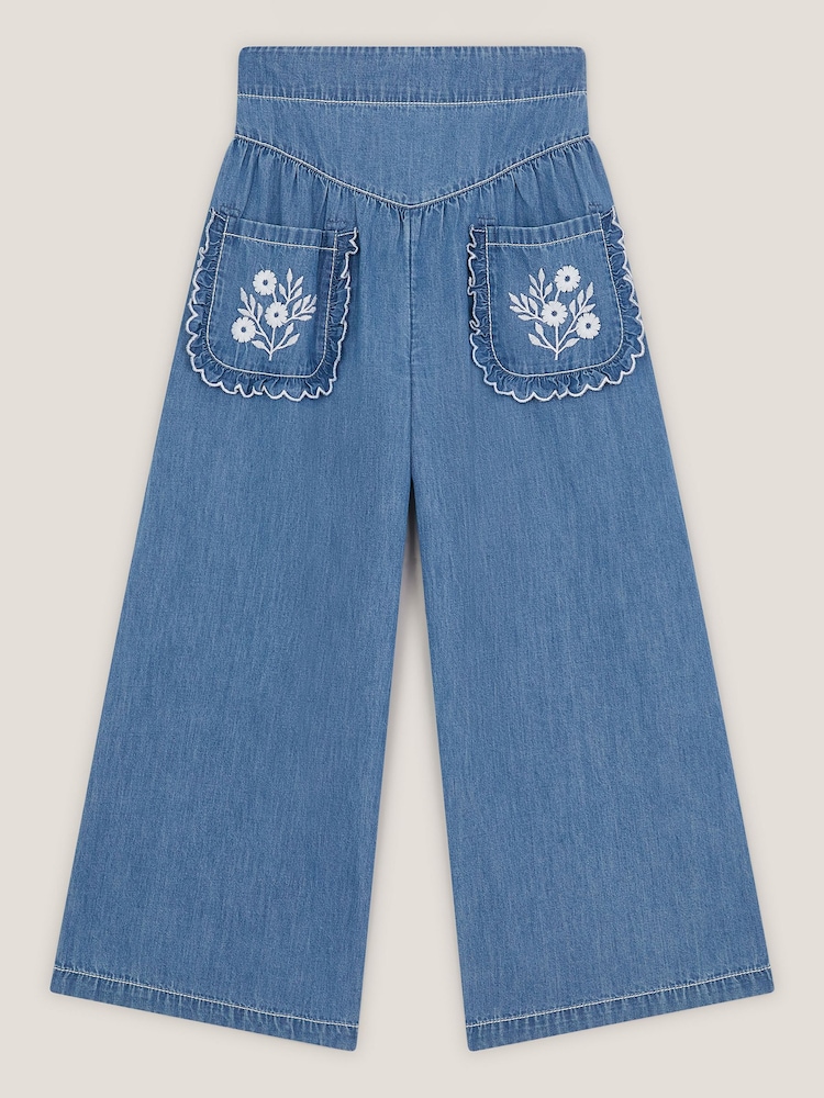 Monsoon Blue Embroidered Pocket Chambray Trousers - Image 2 of 4 Monsoon Blue Embroidered Pocket Chambray Trousers - Image 2 of 4