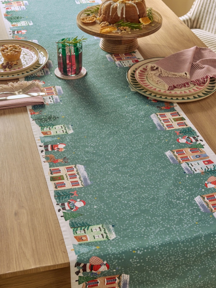 Green Christmas Santa's Village Table Runner - Image 1 of 3 Green Christmas Santa's Village Table Runner - Image 1 of 3