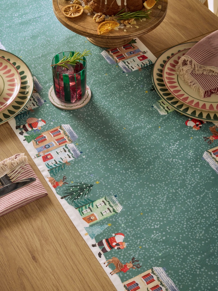 Green Christmas Santa's Village Table Runner - Image 2 of 3 Green Christmas Santa's Village Table Runner - Image 2 of 3