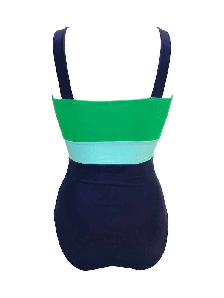 Pour Moi Navy/Green Tall Palm Springs Colour Block Tummy Control Swimsuit - Image 4 of 4