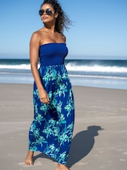 Pour Moi Navy Floral Emma Strapless Shirred Bodice Woven Maxi Beach Dress - Image 2 of 4