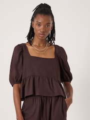 Hush Brown Alva Puff Sleeve Linen Beach Top - Image 1 of 5