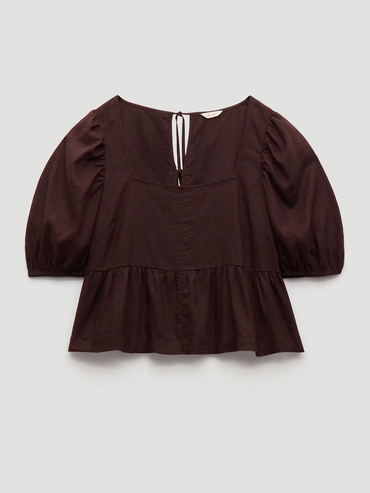 Hush Brown Alva Puff Sleeve Linen Beach Top - Image 5 of 5 Hush Brown Alva Puff Sleeve Linen Beach Top - Image 5 of 5