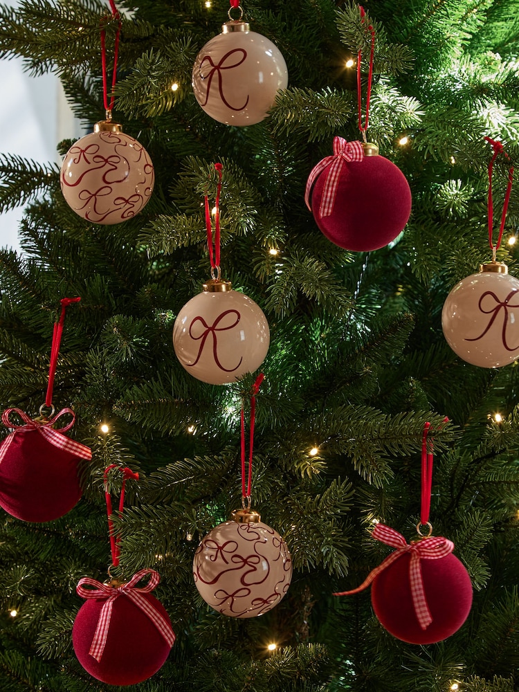 Set of 9 Red Bow Shatterproof Christmas Baubles - Image 1 of 3