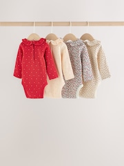 Red Ditsy Floral Baby Long Sleeve Frill Bodysuits 4 Pack (0mths-2yrs) - Image 2 of 9