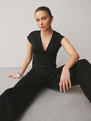 Black Soft Touch Slinky V-Neck Ruched Short Sleeve Top - Image 1 of 7