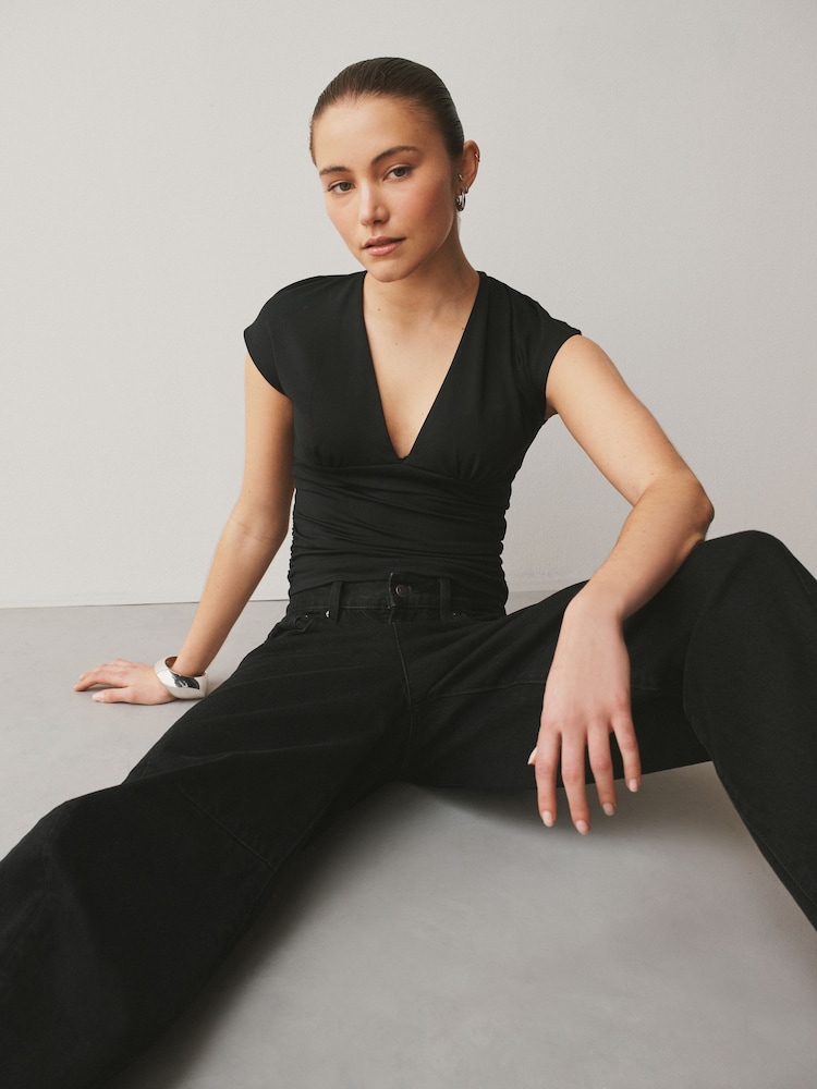 Black Soft Touch Slinky V-Neck Ruched Short Sleeve Top - Image 1 of 7