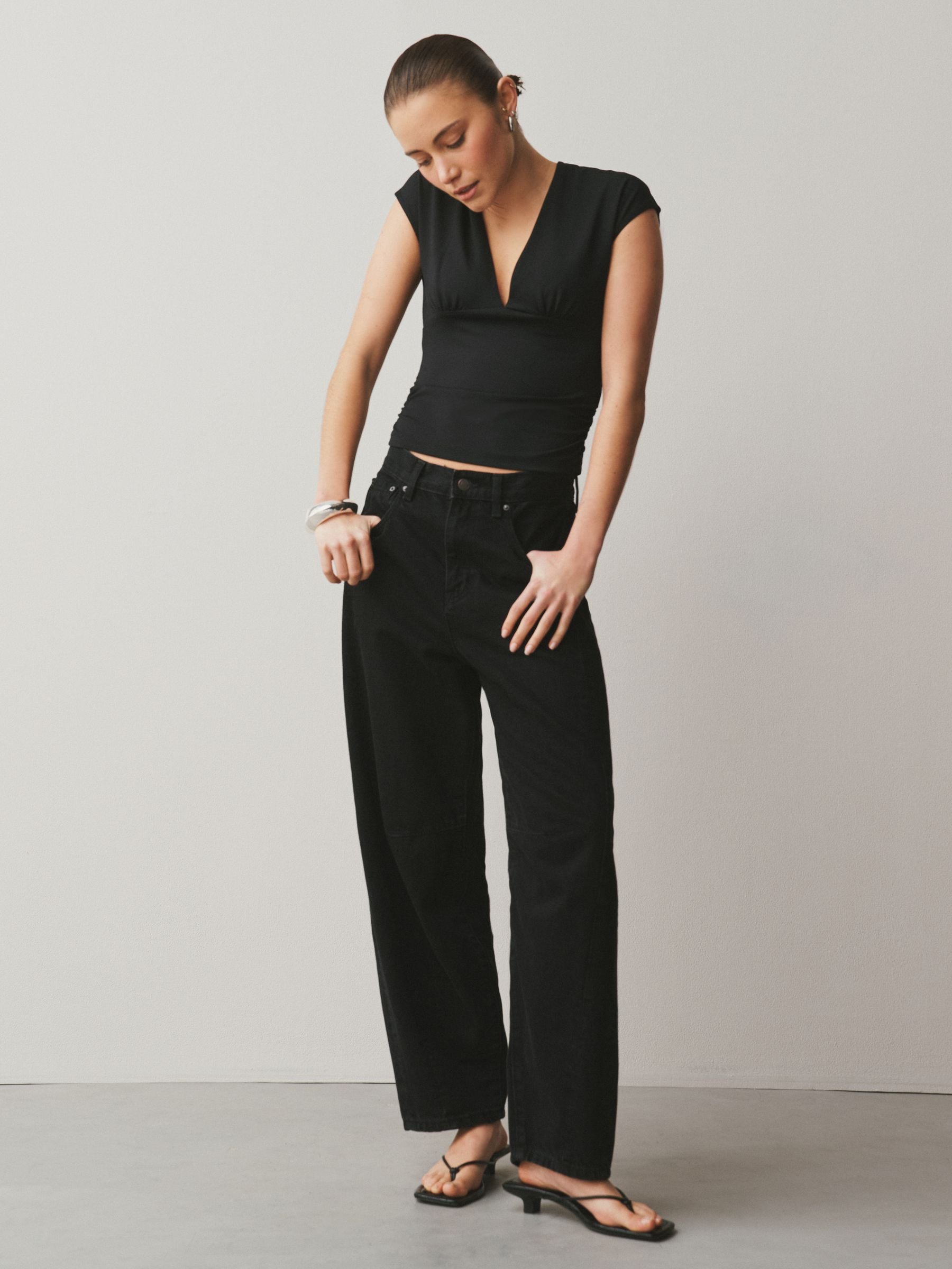 Buy Black Soft Touch Slinky V-Neck Ruched Short Sleeve Top from