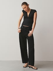 Black Soft Touch Slinky V-Neck Ruched Short Sleeve Top - Image 2 of 7