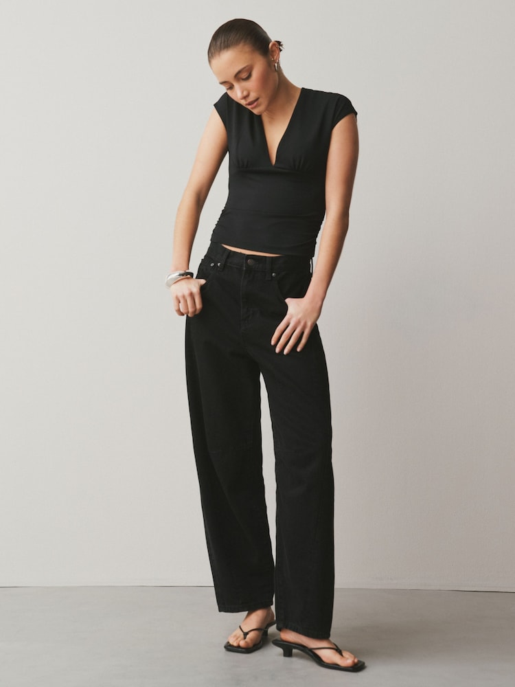 Black Soft Touch Slinky V-Neck Ruched Short Sleeve Top - Image 2 of 7