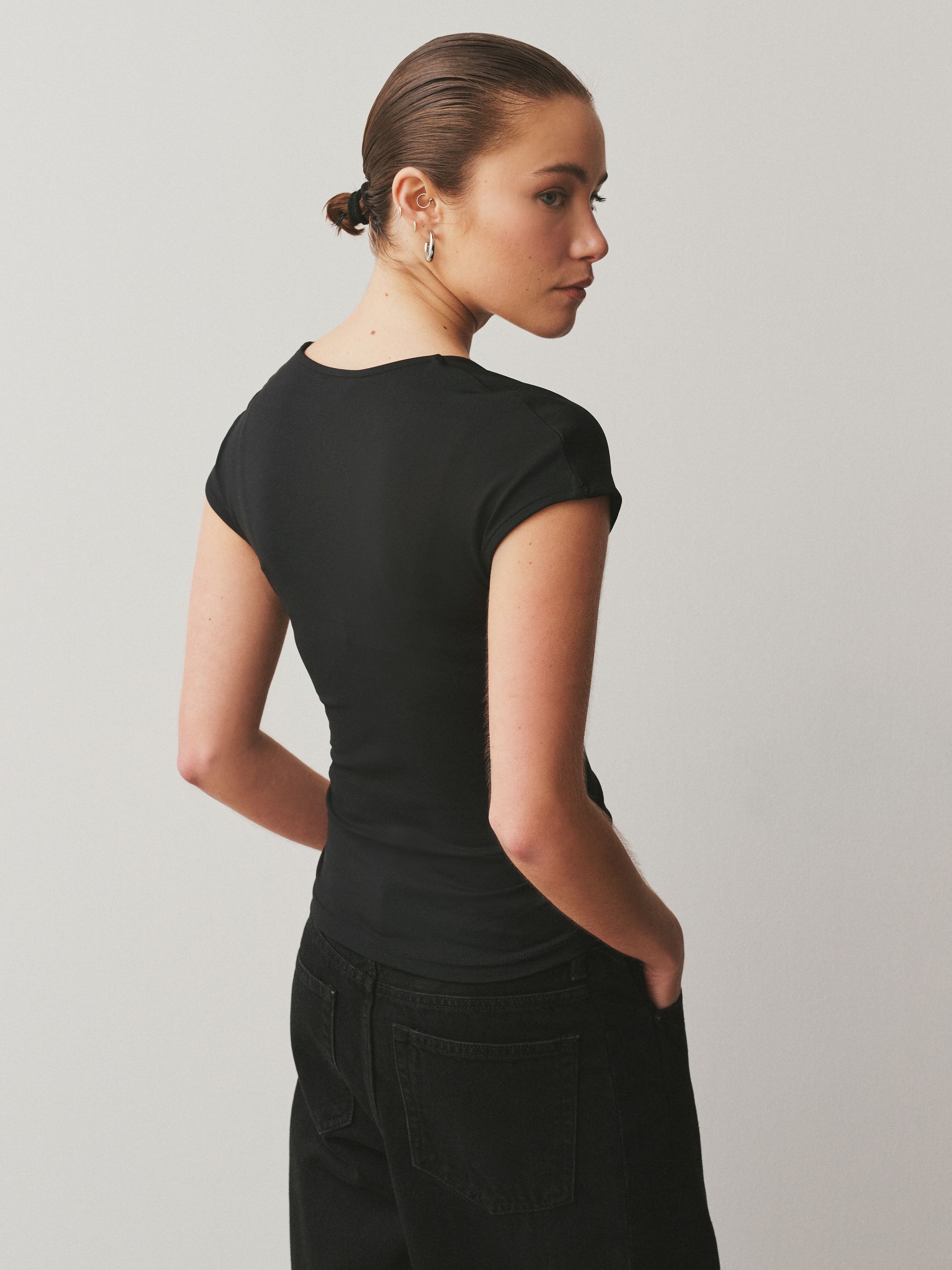 Buy Black Soft Touch Slinky V-Neck Ruched Short Sleeve Top from