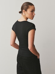Black Soft Touch Slinky V-Neck Ruched Short Sleeve Top - Image 3 of 7