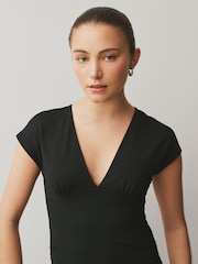 Black Soft Touch Slinky V-Neck Ruched Short Sleeve Top - Image 4 of 7