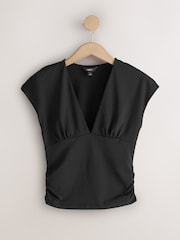 Black Soft Touch Slinky V-Neck Ruched Short Sleeve Top - Image 5 of 7