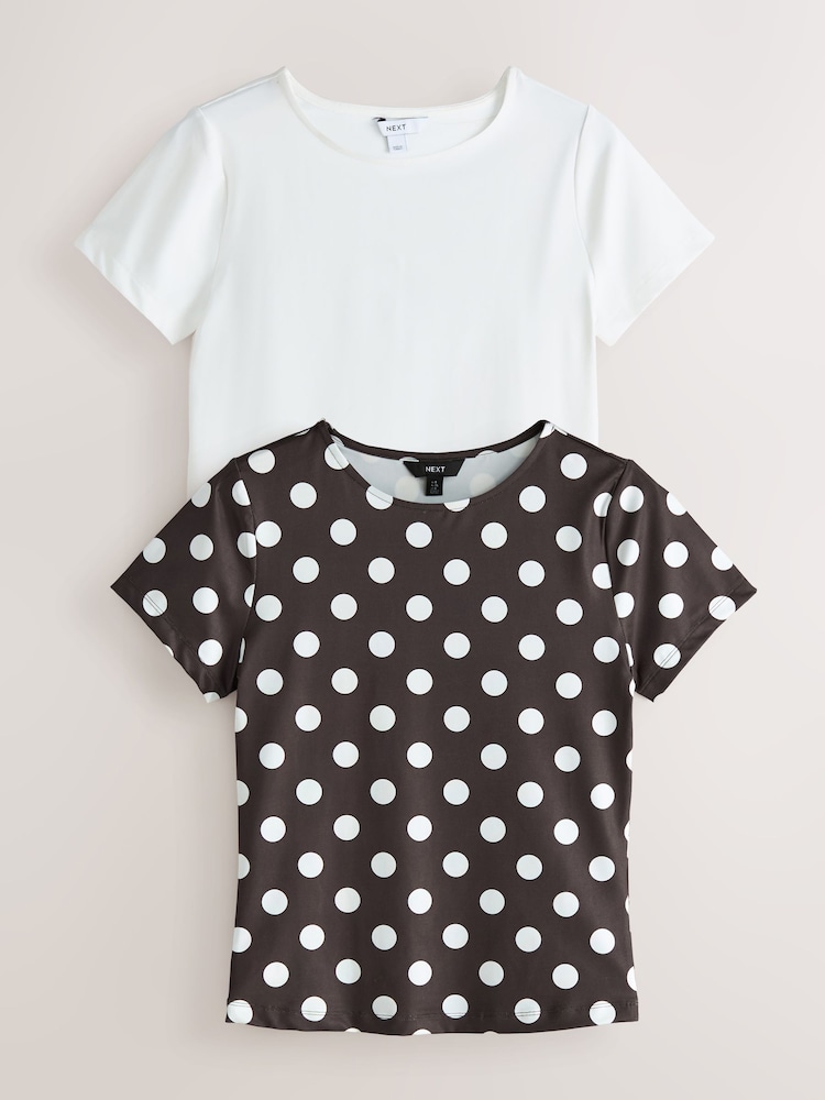 White & Brown Polka Dot Soft Touch Slinky Crew Neck Short Sleeve T-Shirt - Image 1 of 9 White & Brown Polka Dot Soft Touch Slinky Crew Neck Short Sleeve T-Shirt - Image 1 of 9