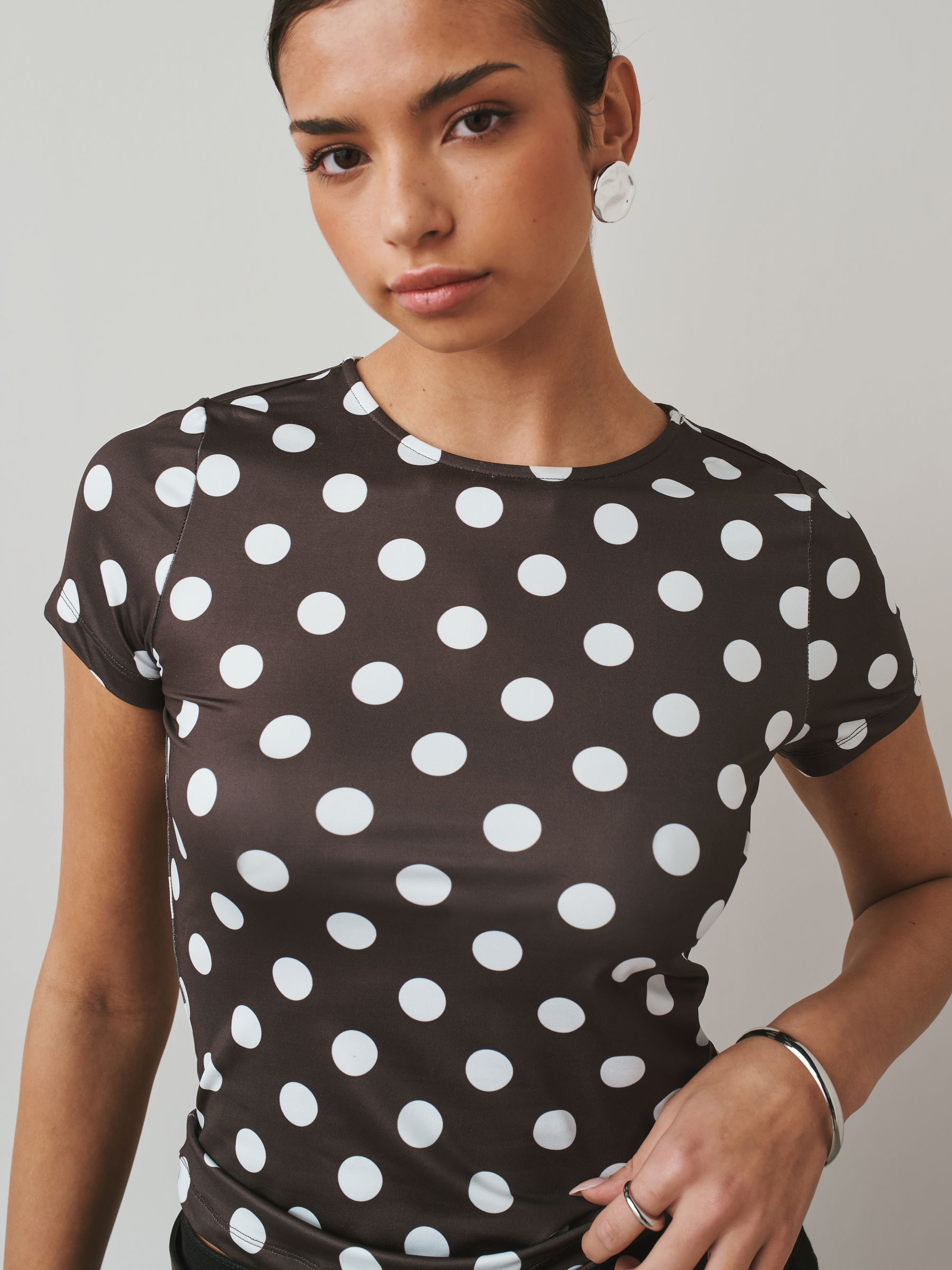 Buy 2 Pack White & Brown Polka Dot Soft Touch Slinky Crew Neck