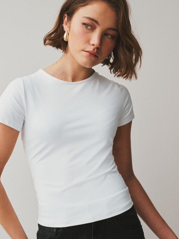 White & Brown Polka Dot Soft Touch Slinky Crew Neck Short Sleeve T-Shirt - Image 2 of 9 White & Brown Polka Dot Soft Touch Slinky Crew Neck Short Sleeve T-Shirt - Image 2 of 9