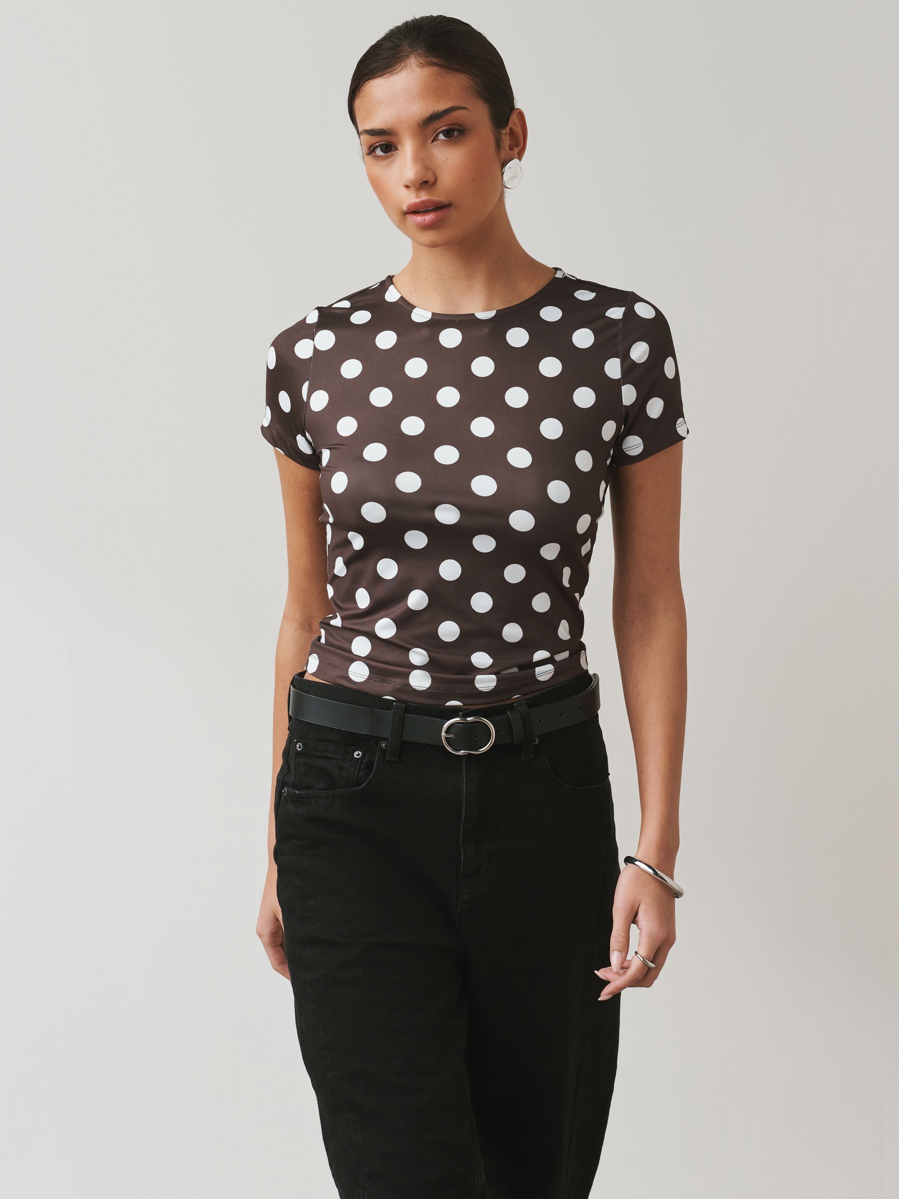 Buy 2 Pack White & Brown Polka Dot Soft Touch Slinky Crew Neck