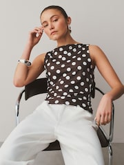 Chocolate Brown/White Polka Dot Soft Touch Slinky Boat Neck Sleeveless Top - Image 1 of 7