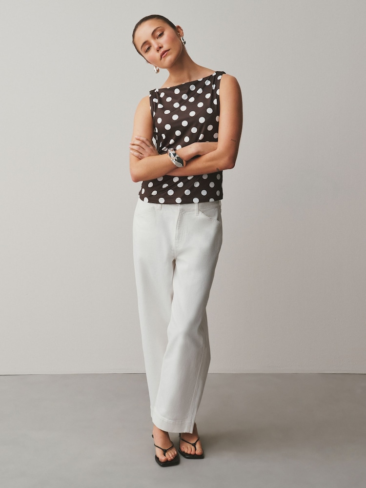 Chocolate Brown/White Polka Dot Soft Touch Slinky Boat Neck Sleeveless Top - Image 2 of 7
