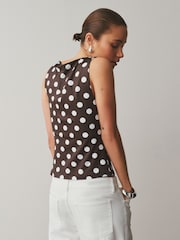 Chocolate Brown/White Polka Dot Soft Touch Slinky Boat Neck Sleeveless Top - Image 3 of 7