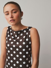 Chocolate Brown/White Polka Dot Soft Touch Slinky Boat Neck Sleeveless Top - Image 4 of 7