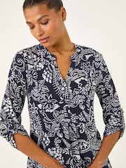 Roman Blue Abstract Print Buttoned Tunic Top - Image 1 of 5
