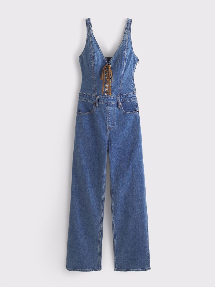 Abercrombie & Fitch Vegan Suede Lace-Up Denim Jumpsuit - Slika 1 od 2