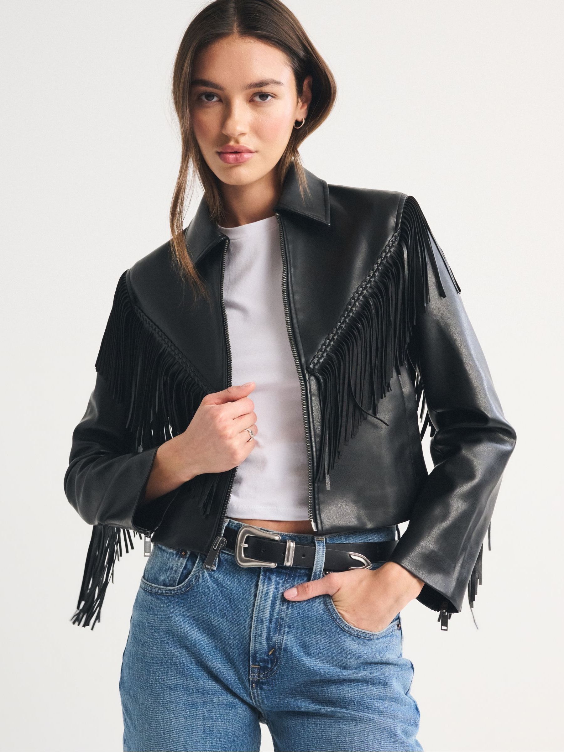 Buy Abercrombie & Fitch Black Vegan Leather Fringe Jacket from