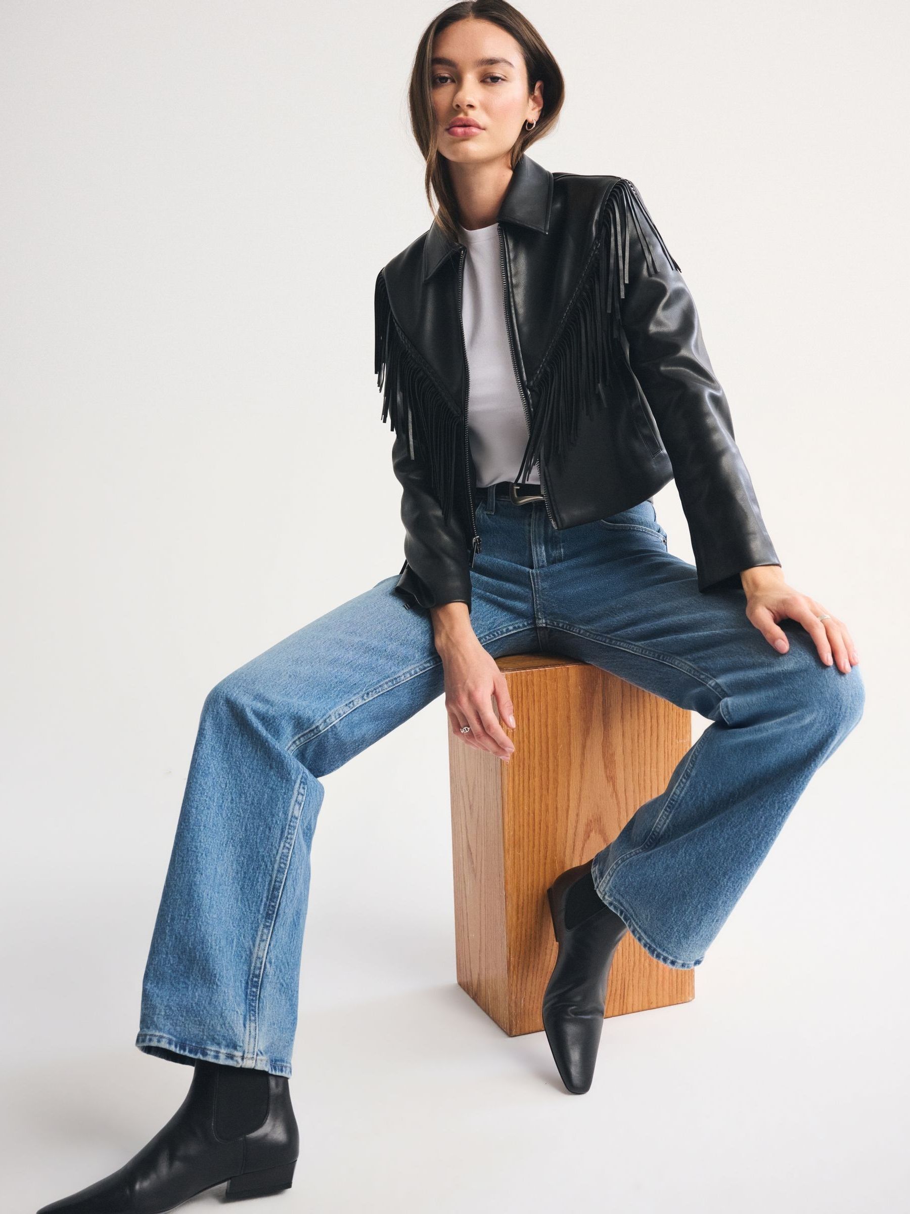 Buy Abercrombie & Fitch Black Vegan Leather Fringe Jacket from