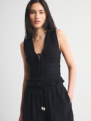 Abercrombie & Fitch Black Smocked Tie Front Set Top - Image 1 of 6