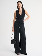 Abercrombie & Fitch Black Smocked Tie Front Set Top - Image 2 of 6